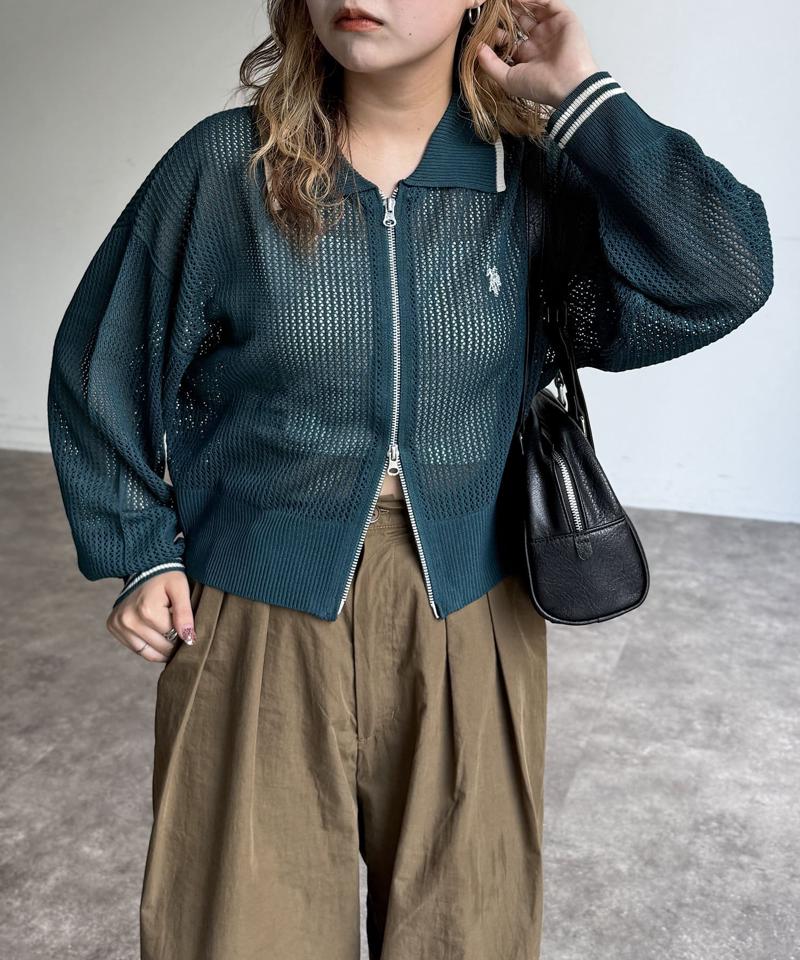 【U.S. POLO ASSN.】襟付きメッシュカーディガン
