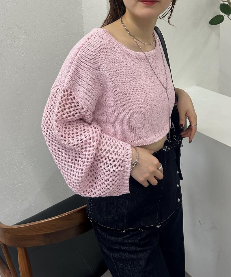 【mystic】メッシュスリーブショートニット