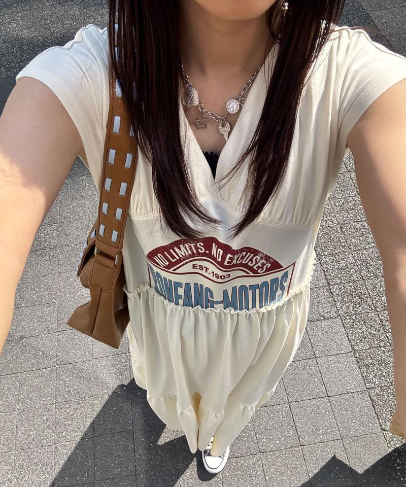 カットロゴギャザーロングワンピース