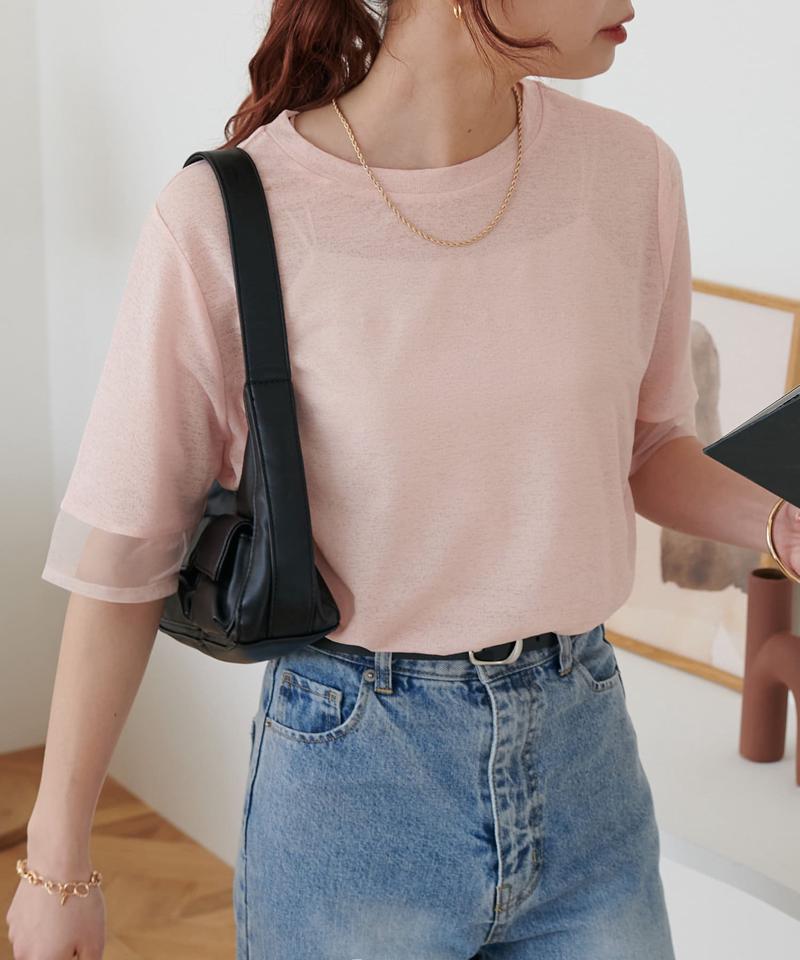 シアー袖切替5分袖Tシャツ