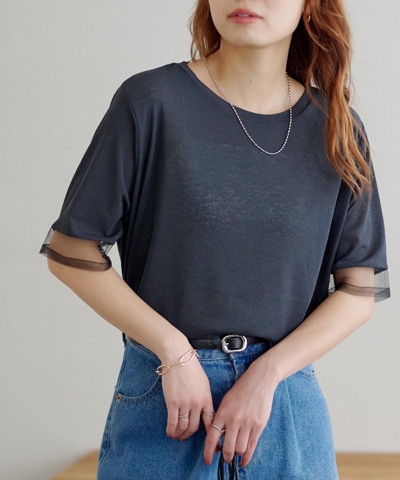 【万能トップス/毎年大人気】シアー袖切替5分袖Tシャツ