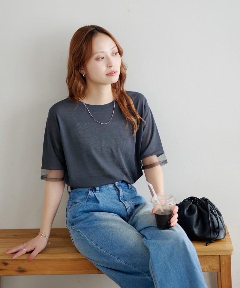 【万能トップス/毎年大人気】シアー袖切替5分袖Tシャツ