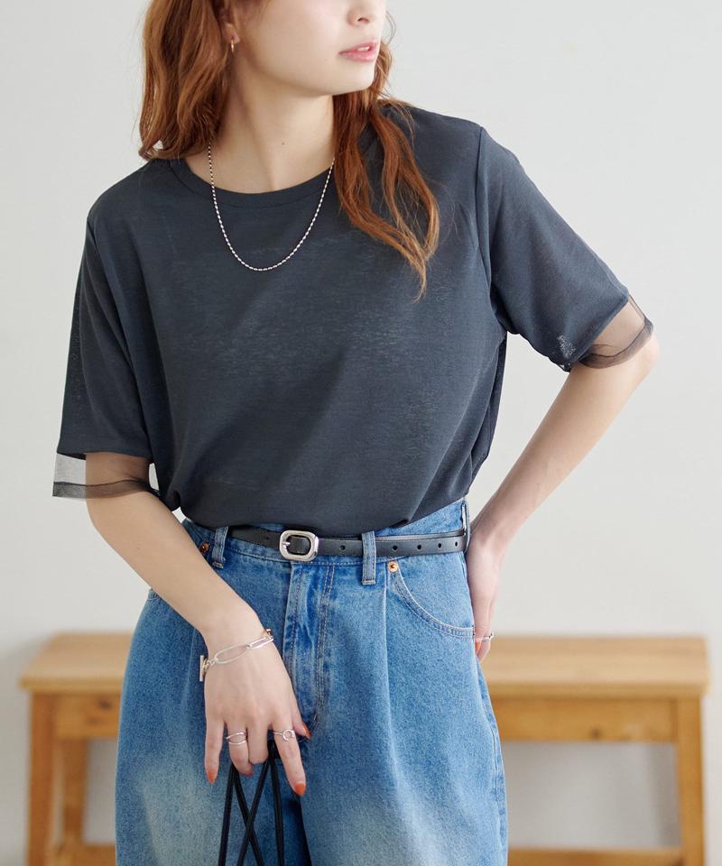 【万能トップス/毎年大人気】シアー袖切替5分袖Tシャツ