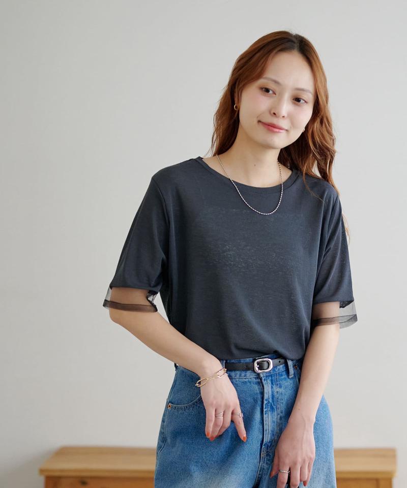 【万能トップス/毎年大人気】シアー袖切替5分袖Tシャツ