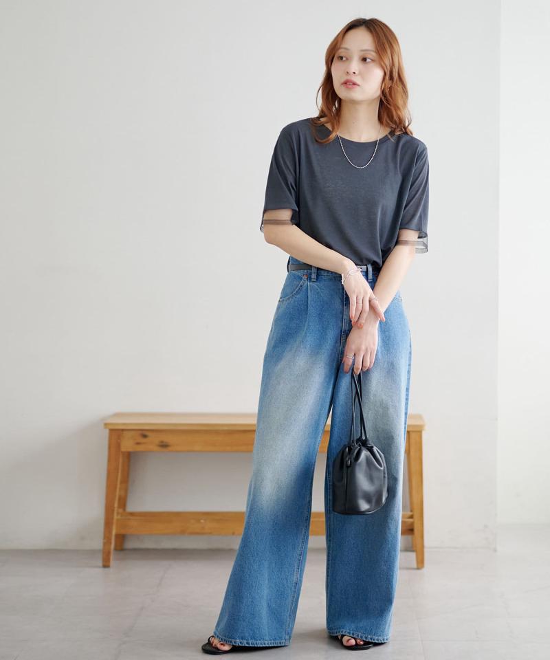 【万能トップス/毎年大人気】シアー袖切替5分袖Tシャツ