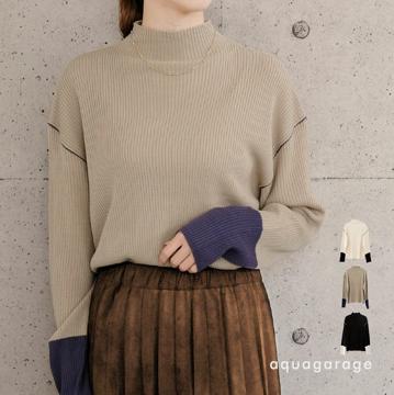 ボトルネック配色リブニットトップス 春 秋 冬 M レディース  |