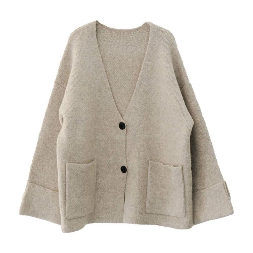 ワイドスリーブノーカラーニットジャケット 秋 冬 M  レディース