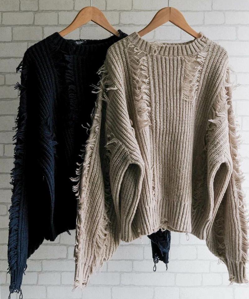 ダメージフリンジニットトップス 秋 冬 M  レディース
