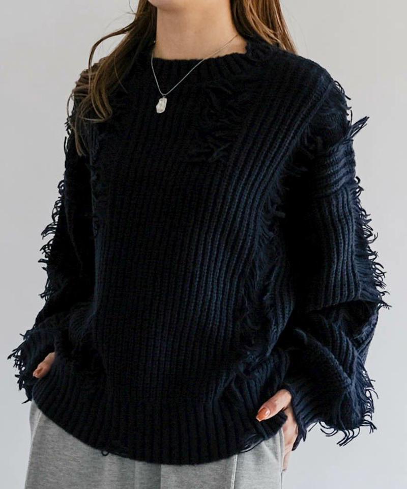 ダメージフリンジニットトップス 秋 冬 M  レディース