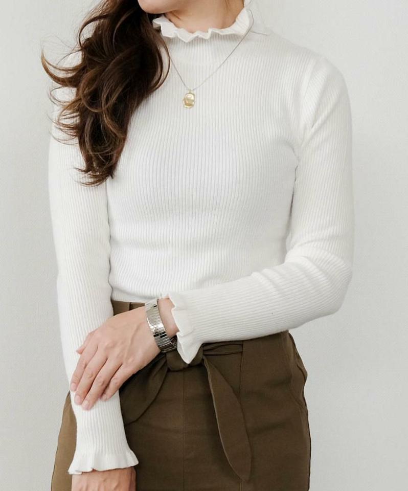 ネック袖口フリルニットトップス 春 秋 冬 M L レディース |