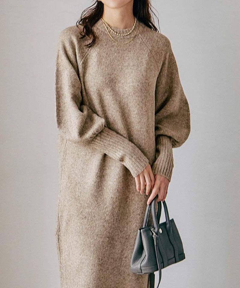 指穴付きボリュームスリーブニットワンピース レディース 秋 冬