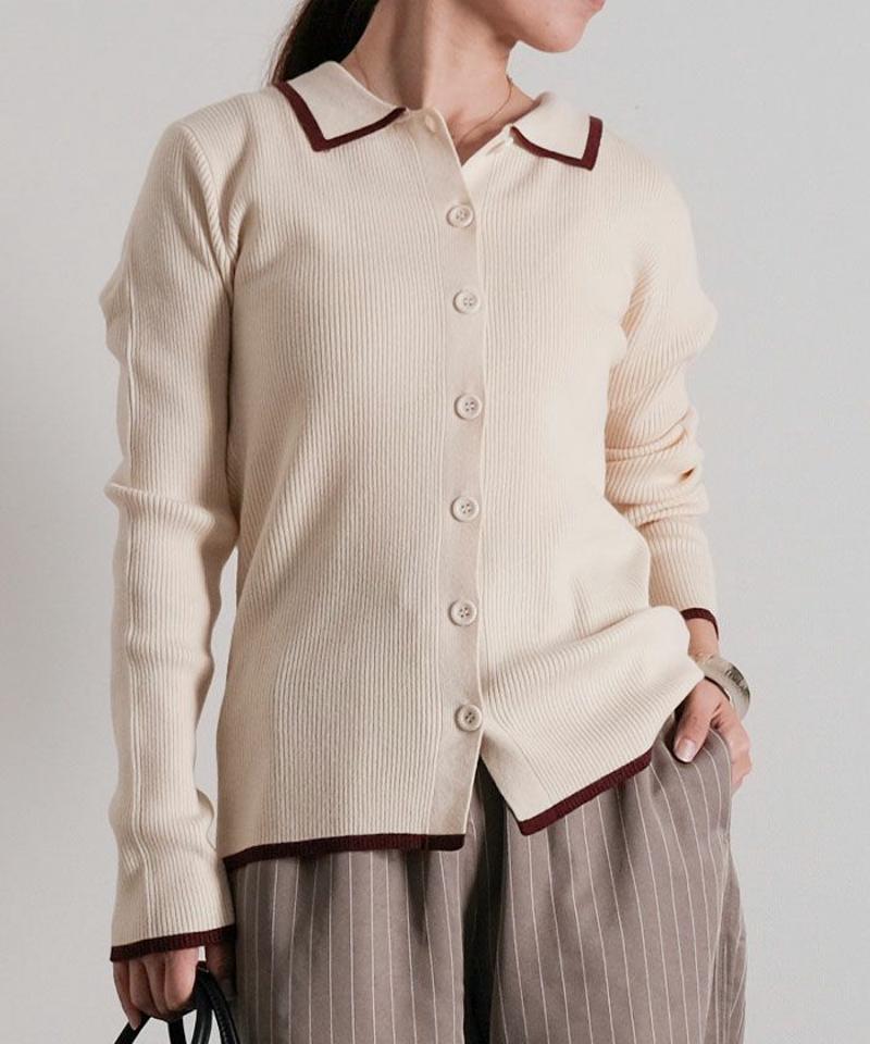 襟付きリブニットバイカラーカーディガン 春  秋 冬 M レディース