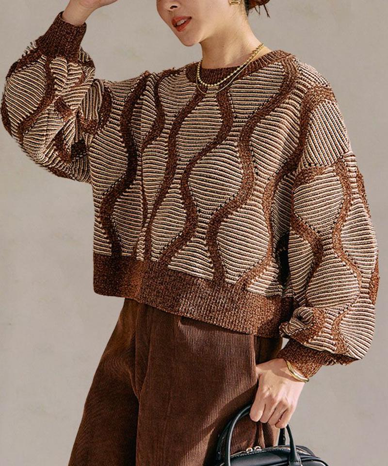 ジャガードショートニットトップス レディース