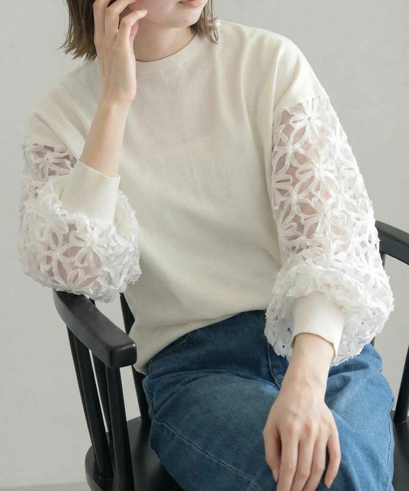 袖花柄シアー切替トップス 春 秋 冬 M レディース |