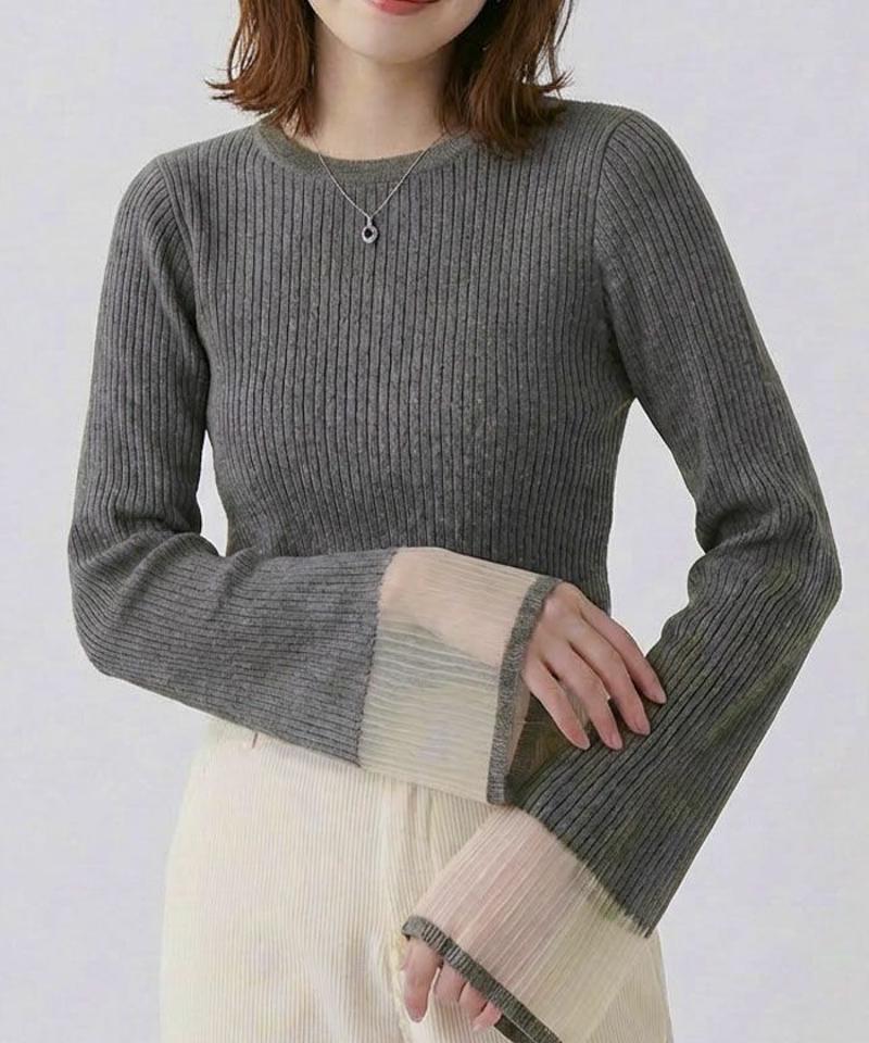 袖口シアーニットトップス 春 秋 冬 M レディース |