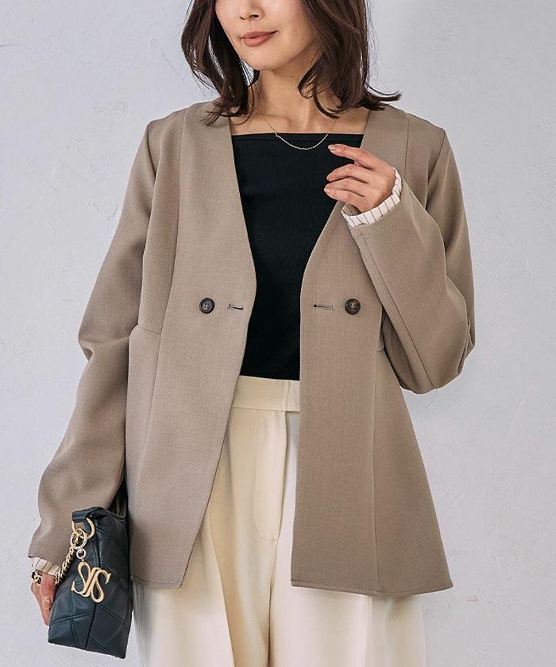 ノーカラーウエストシェイプペプラムジャケット 春 秋 M