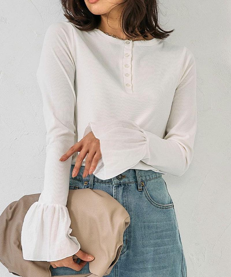 フライスリブ袖口フリルヘンリーネックトップス 春 秋 冬 M レディース  |