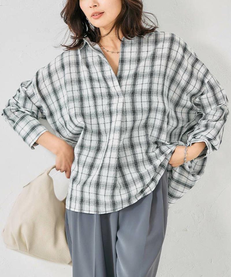 シアーチェックオーバーサイズスキッパーブラウス 春 夏 秋 M レディース |