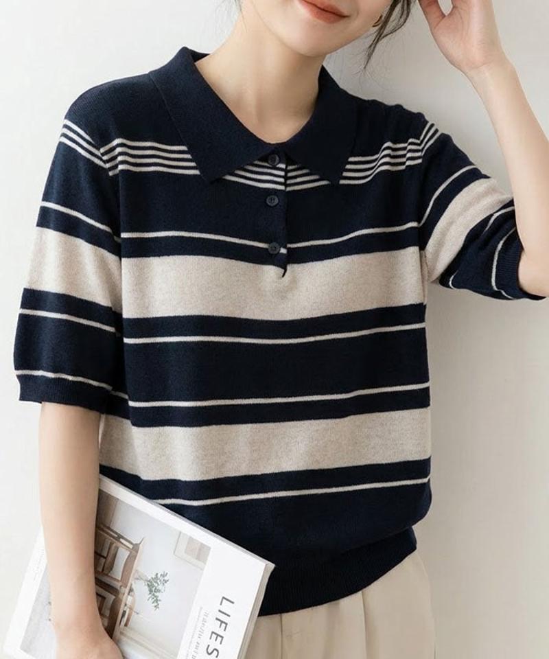 マルチボーダーポロニットトップス 春 夏