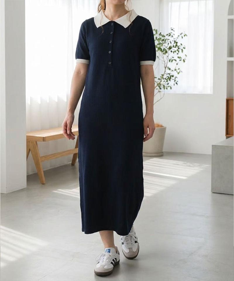 バイカラー襟付きワンピース 春 夏