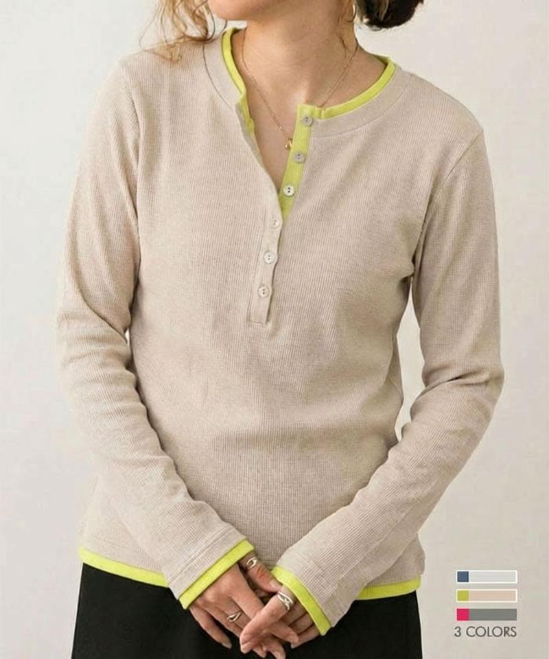 バイカラーヘンリーネックトップス 春 夏 秋 M レディース  |