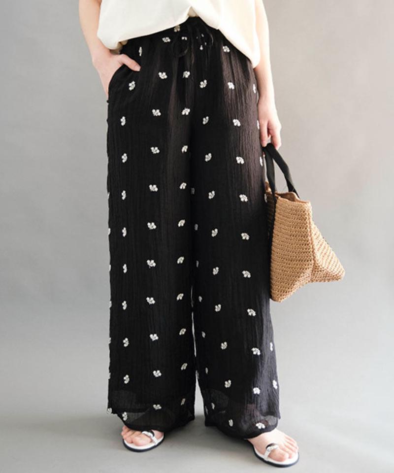 フラワー刺繍ワイドパンツ 春 夏 M  |アクアガレージ aquagarage