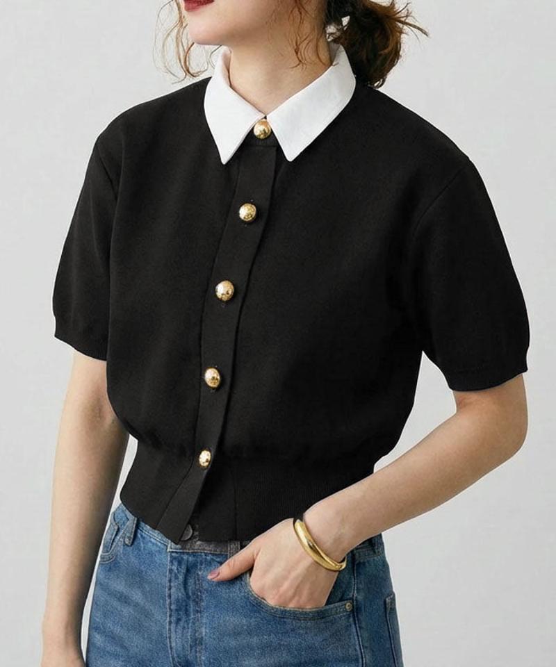 襟付き半袖カーディガン レディース 春 夏 M L半袖