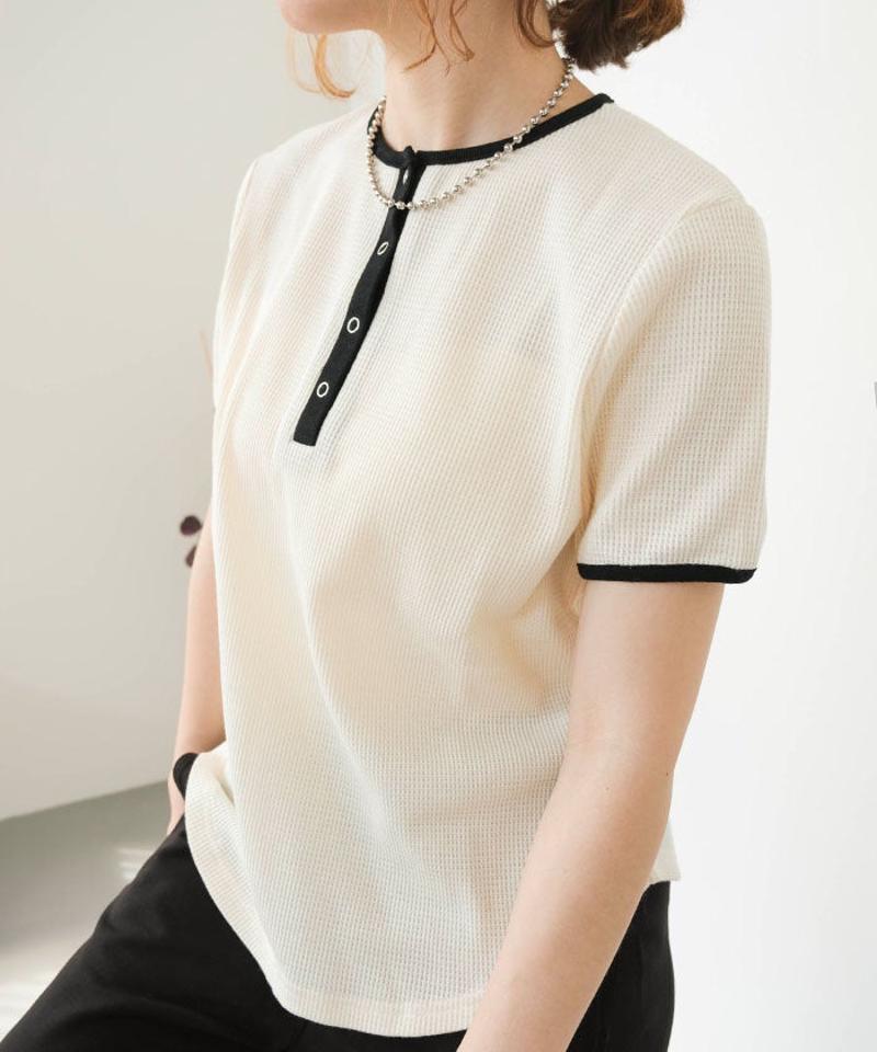 ヘンリーネックワッフルトップス 春 夏 M L