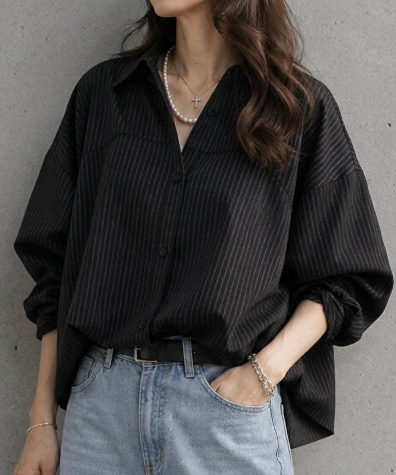 シャツ レディース ブラウス 長袖 ストライプ ピンストライプ 春 秋 冬 バルーン きれいめ トップス トレンド ショート丈 クロップド丈 おしゃれ ゆったり 体型カバー 30代 40代 50代 重ね着  ツイル ロングカフス 羽織 スタイルアップ | アクアガレージ