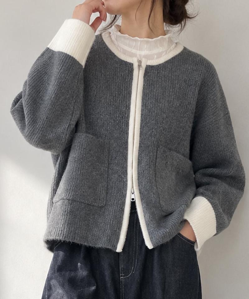 アクアガレージ カーディガン ニット レディース ダブルZIP ジップ ZIP 配色 バイカラー 長袖 スポンジニット 春秋冬 春 秋 冬 羽織り ファスナー ローゲージ ゆったり オーバーサイズ 二の腕隠し ビッグサイズ 予約(9月下旬頃)