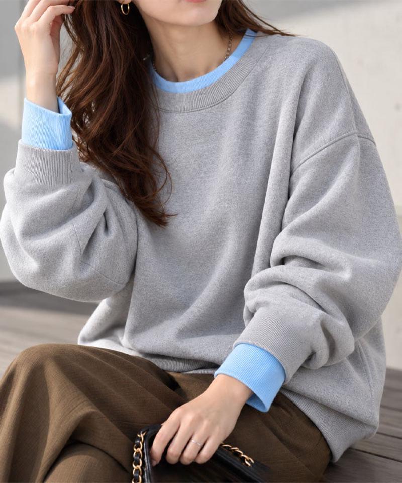 アクアガレージ ニット レディース トップス 長袖 配色 接結 秋冬 厚手 オーバーサイズ 大きめ ゆったり 暖かい 体型カバー カジュアル ちくちくしない プルオーバー バイカラー ライン セーター ボリュームスリーブ クルーネック お尻が隠れる