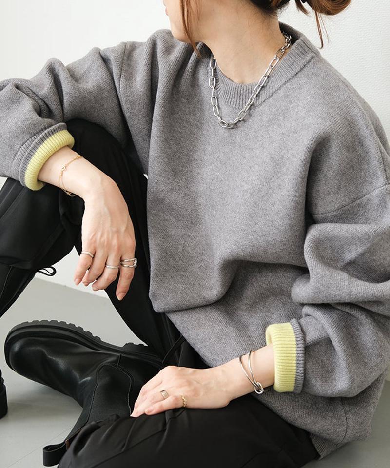アクアガレージ ニット レディース トップス 長袖 配色 秋冬 厚手 オーバーサイズ 大きめ ゆったり 暖かい 体型カバー ローゲージ カジュアル ちくちくしない プルオーバー バイカラー ライン セーター ボリュームスリーブ クルーネック お尻が隠れる プルオーバー