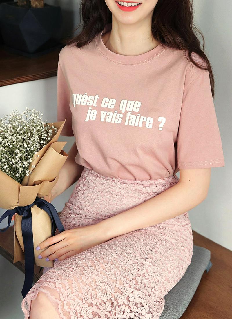 レタリングTシャツ&レーススカートSET・全2色
