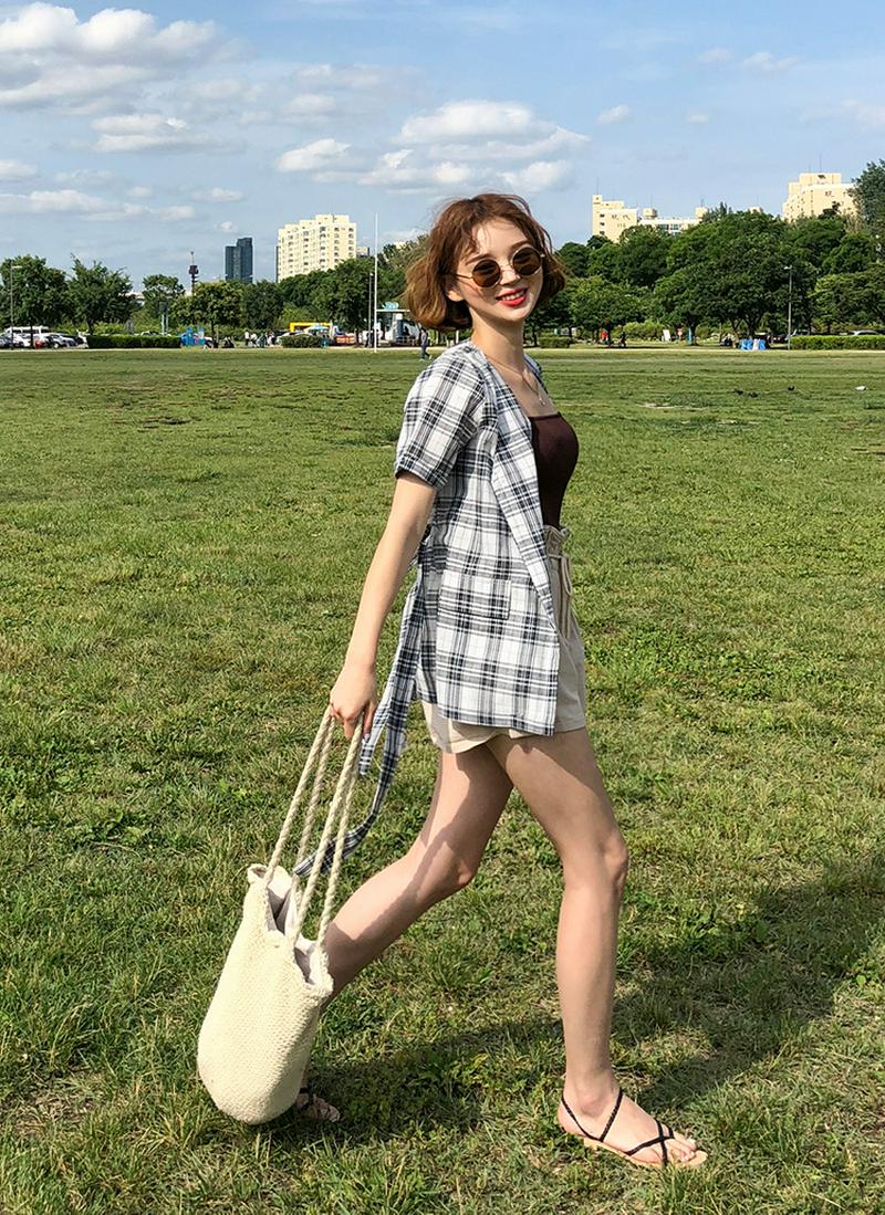 ストラップSETノーカラーチェックジャケット・全2色 e49989 レディース【jk】 韓国 ファッション アウター 春アウター サマージャケット ジャケット チェック柄 ラフ 半袖 春アウター ウエストマーク ストラップセット 涼しげ ノーカラー 水色 夏