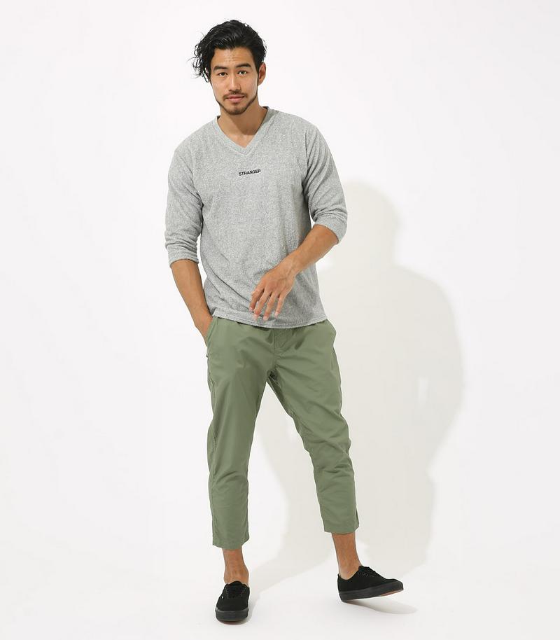 【MEN'S】パイルワンポイントロゴ刺繍Vネック七分袖T