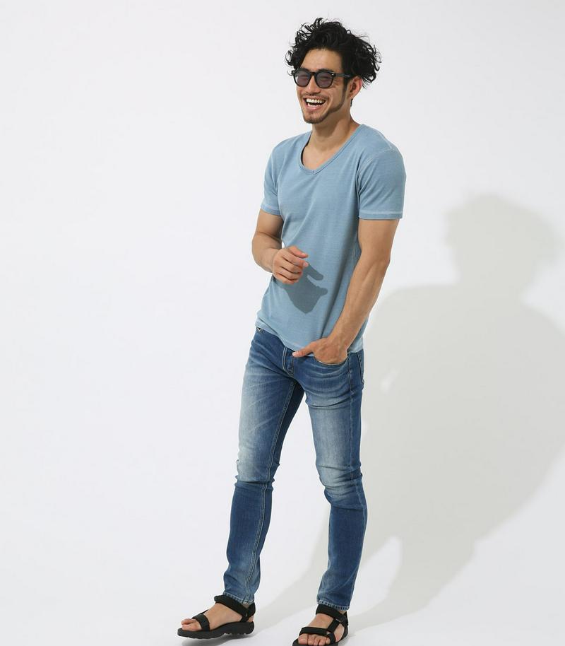 【MEN'S】インディゴタックフライスVネック半袖T