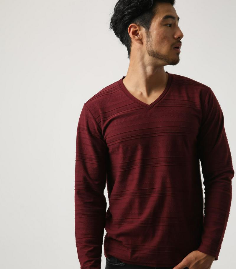 【MEN'S】ジャガードボーダーVネック長袖PO