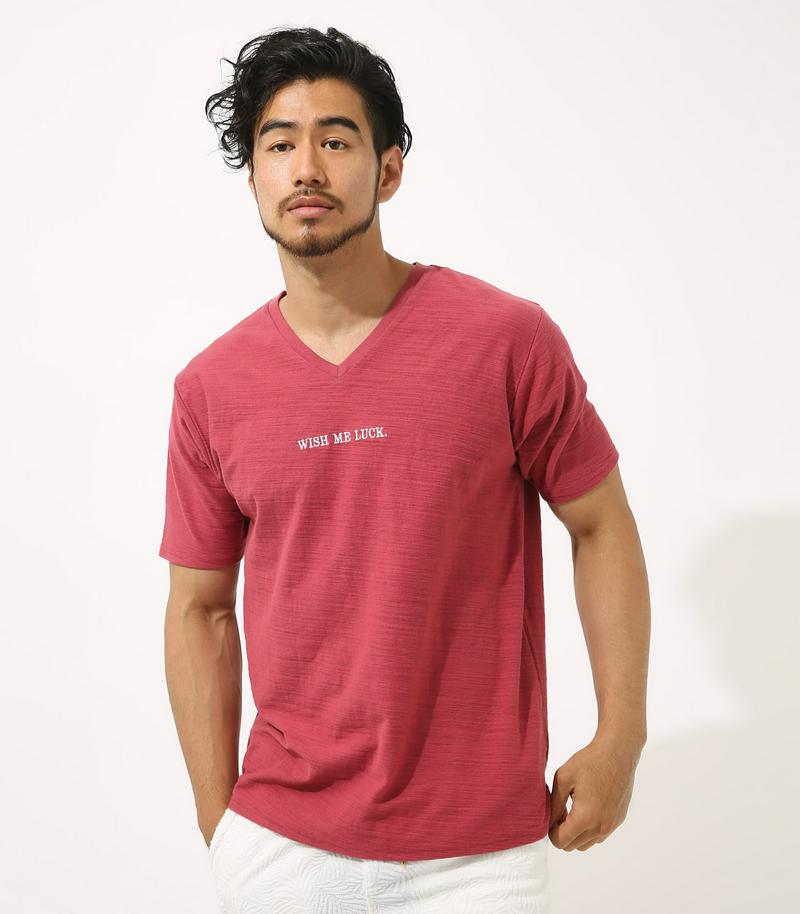 【MEN'S】WISH刺繍スラブ天竺Vネック半袖T