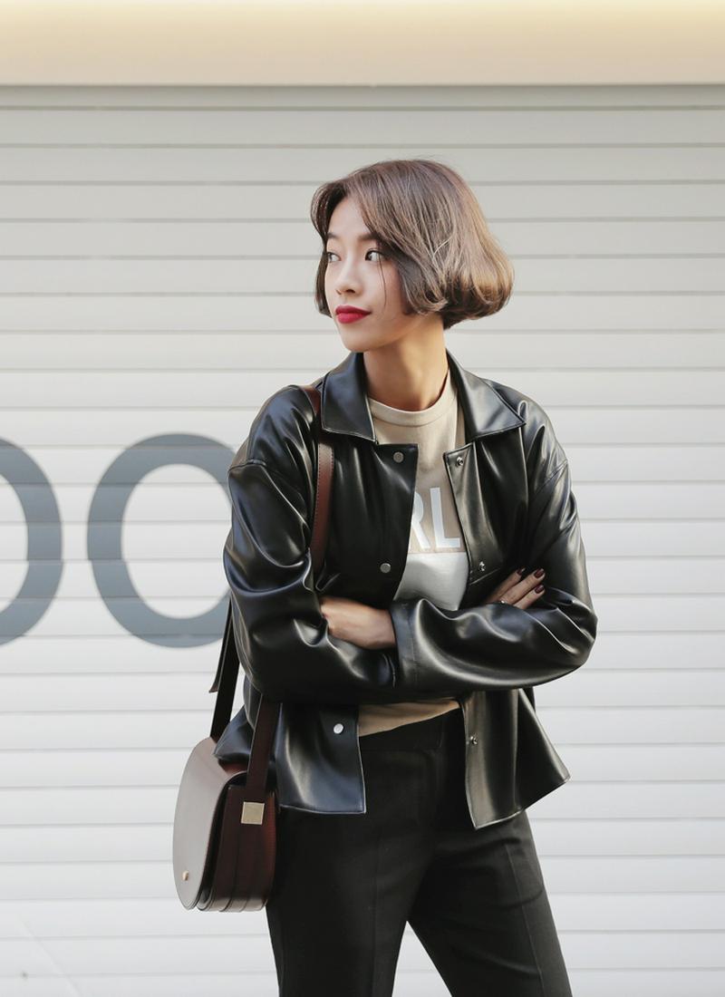 スナップボタンフェイクレザージャケット・全2色