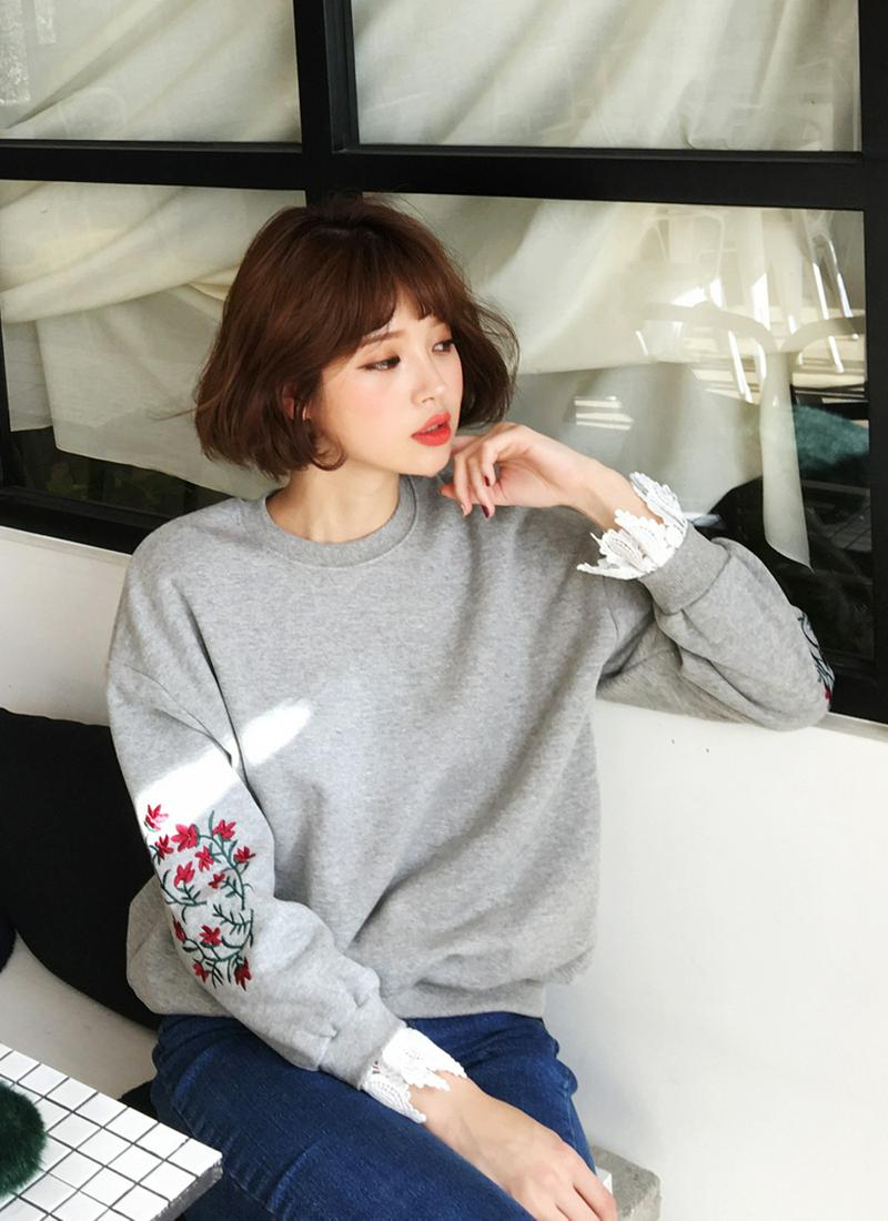 裏起毛スリーブ刺繍スウェットプルオーバー・全3色