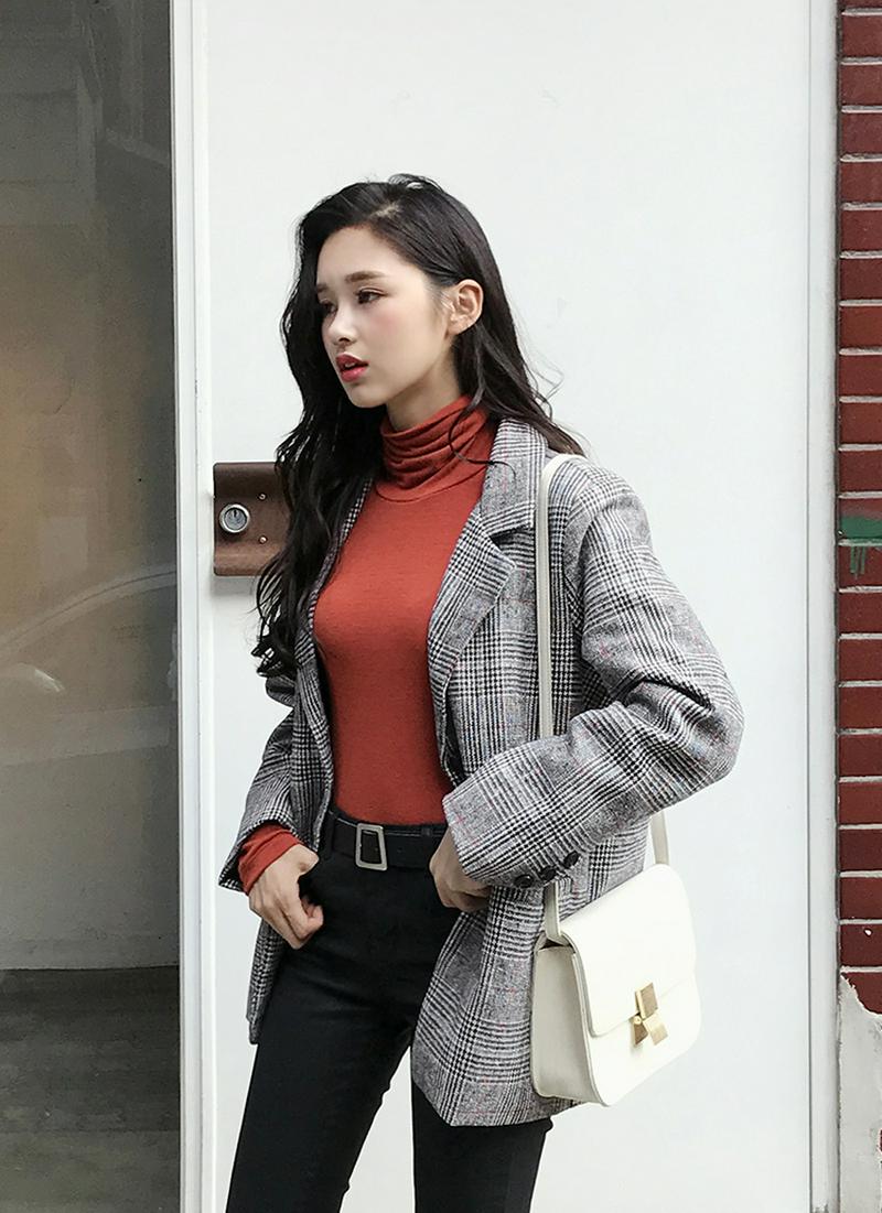 ウール混チェックシングルジャケット・全1色