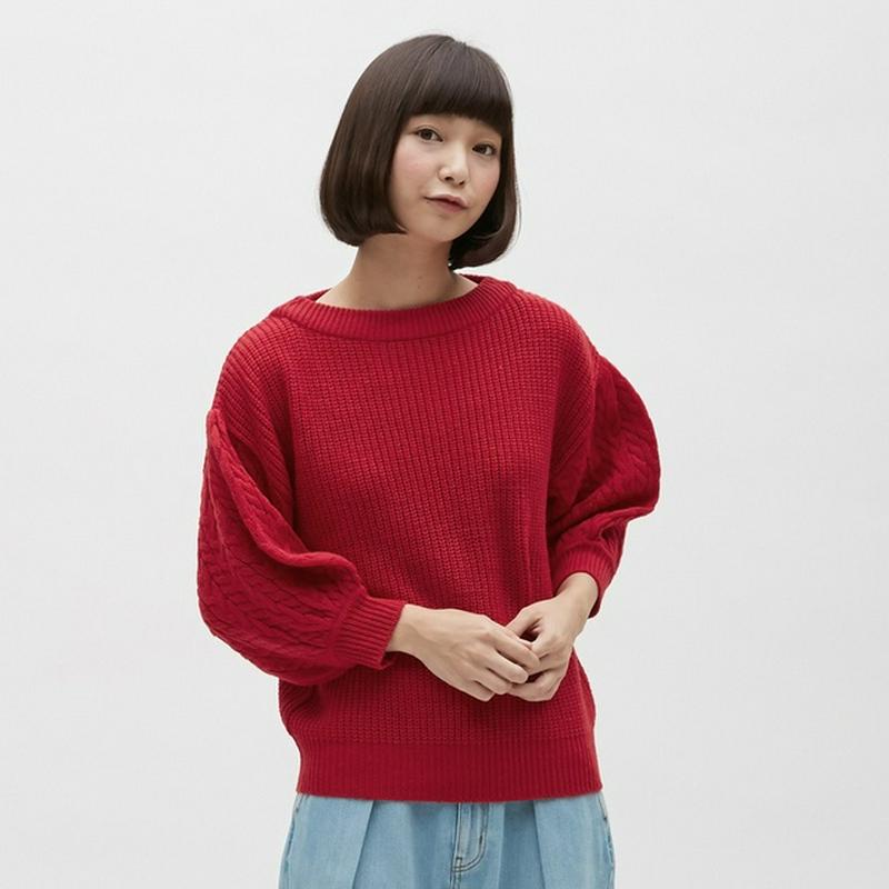 ケーブルパフスリーブセーター（７分袖）