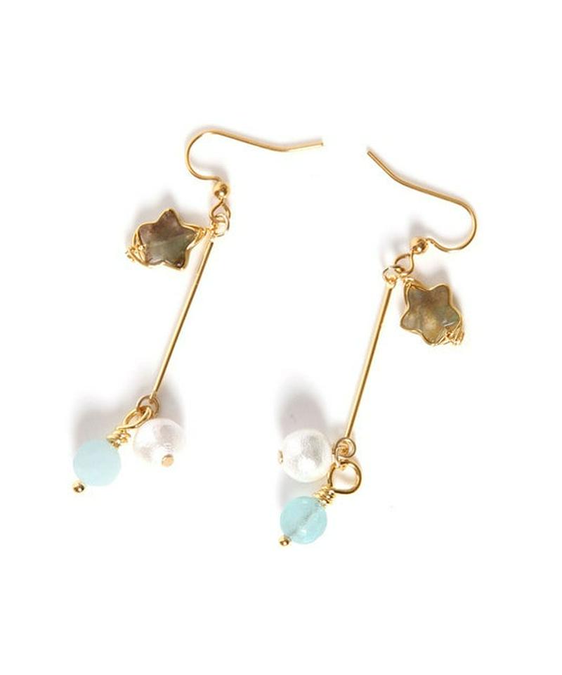 K14GF バー×インディアアゲート×アクアマリンピアス