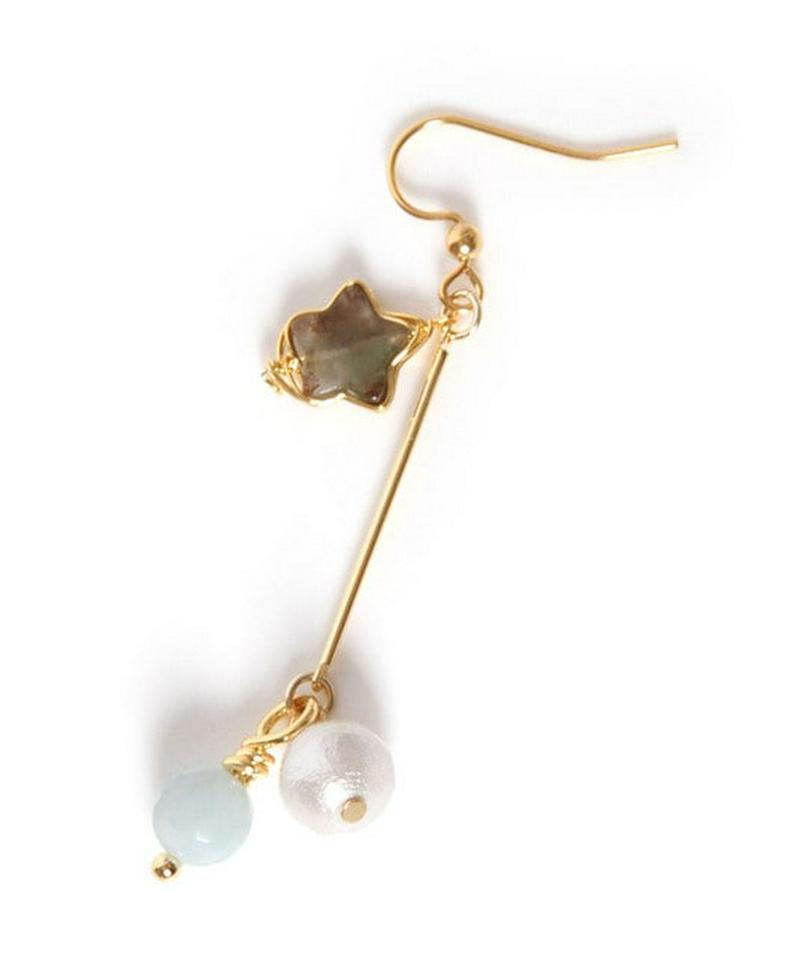 K14GF バー×インディアアゲート×アクアマリンピアス