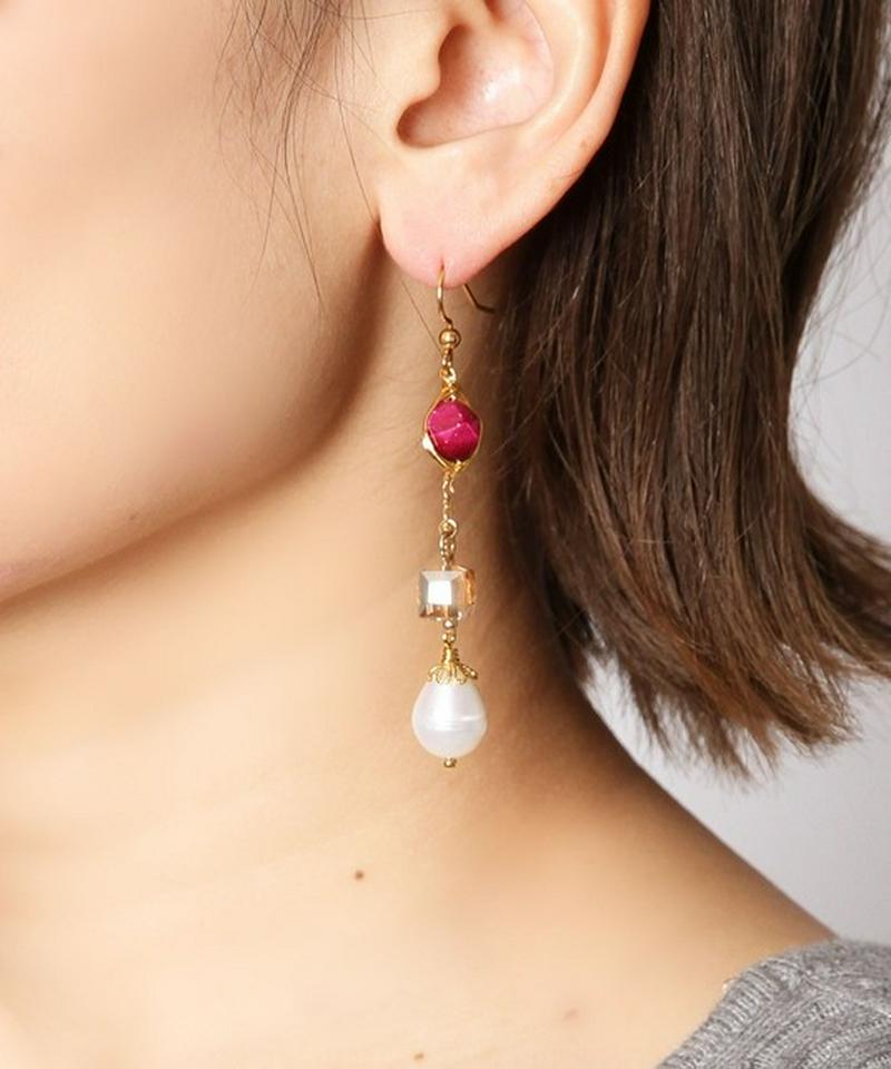 K14GFチェーンピンクタイガーアイ×淡水パールピアス