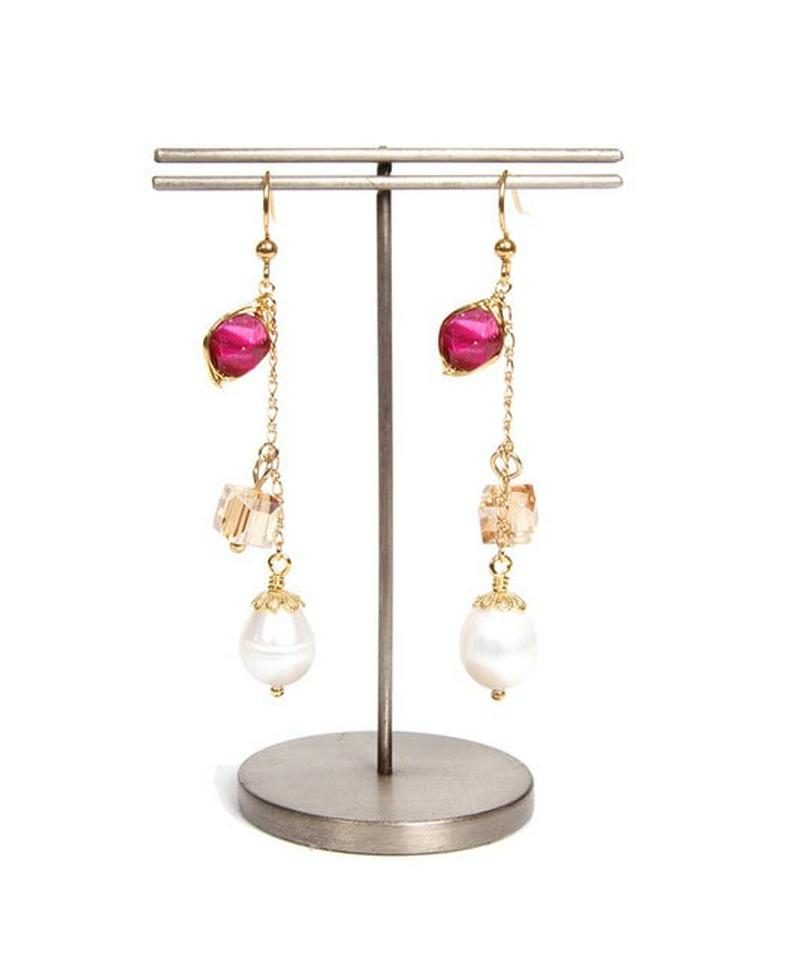 K14GFチェーンピンクタイガーアイ×淡水パールピアス