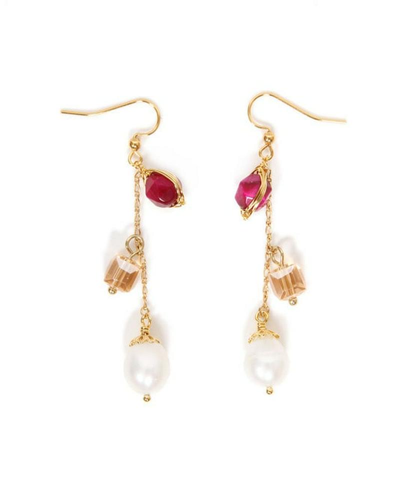 K14GFチェーンピンクタイガーアイ×淡水パールピアス