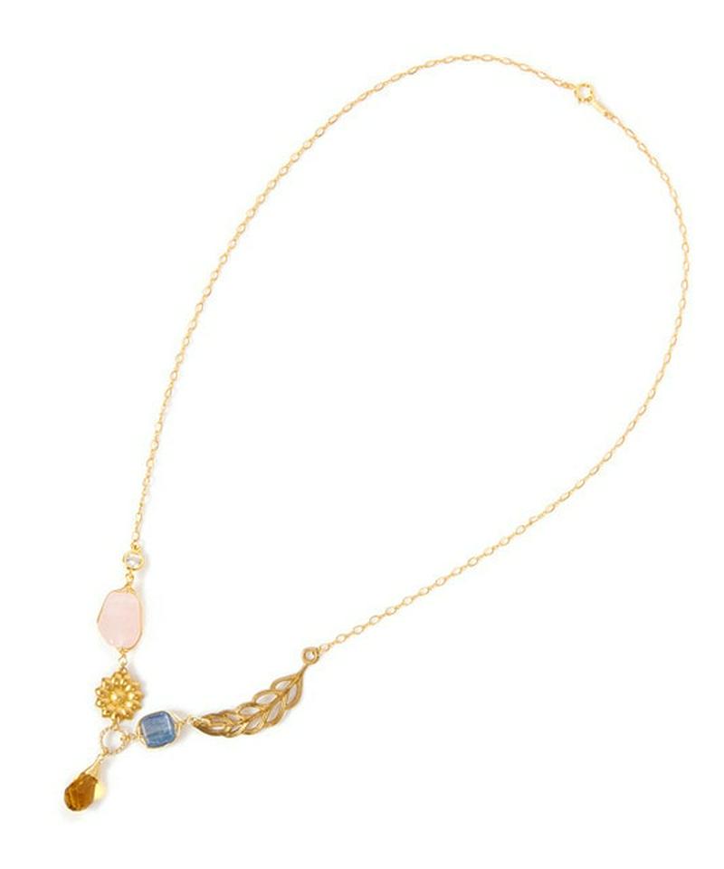 K14GF花と葉　クリスタル×カイヤナイト×ローズクォーツネックレス