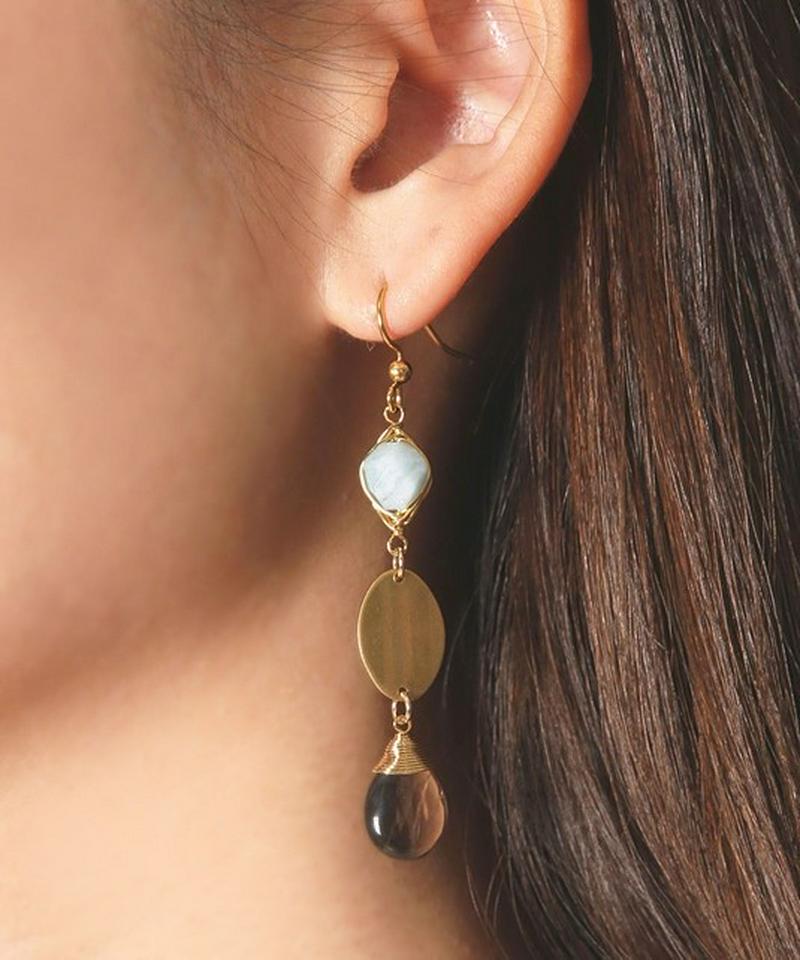 K14GF アクアマリン×プレート×スモーキークォーツピアス