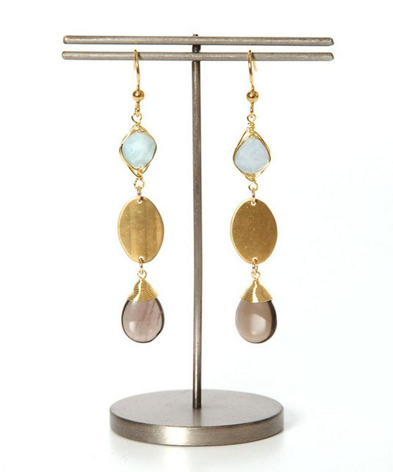 K14GF アクアマリン×プレート×スモーキークォーツピアス